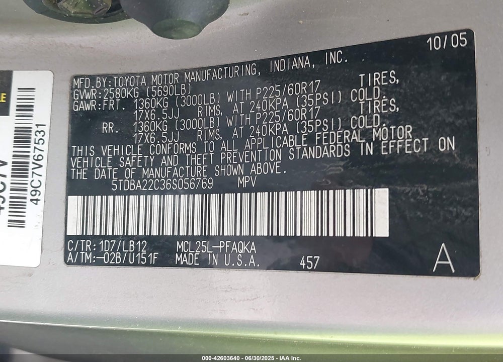 2006 TOYOTA SIENNA VIN: 5TDBA22C36S056769
