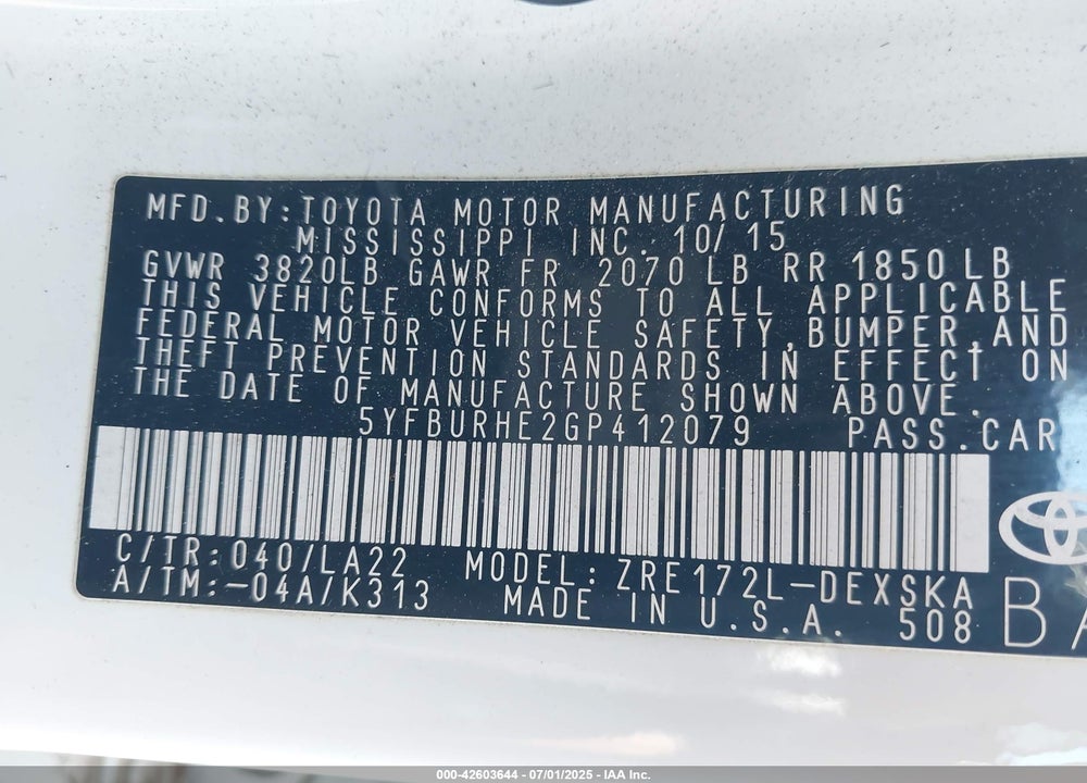 2016 TOYOTA COROLLA S PREMIUM VIN: 5YFBURHE2GP412079