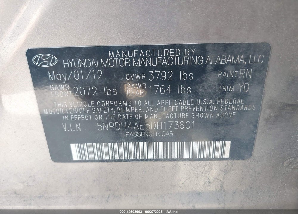 2013 HYUNDAI ELANTRA VIN: 5NPDH4AE5DH173601