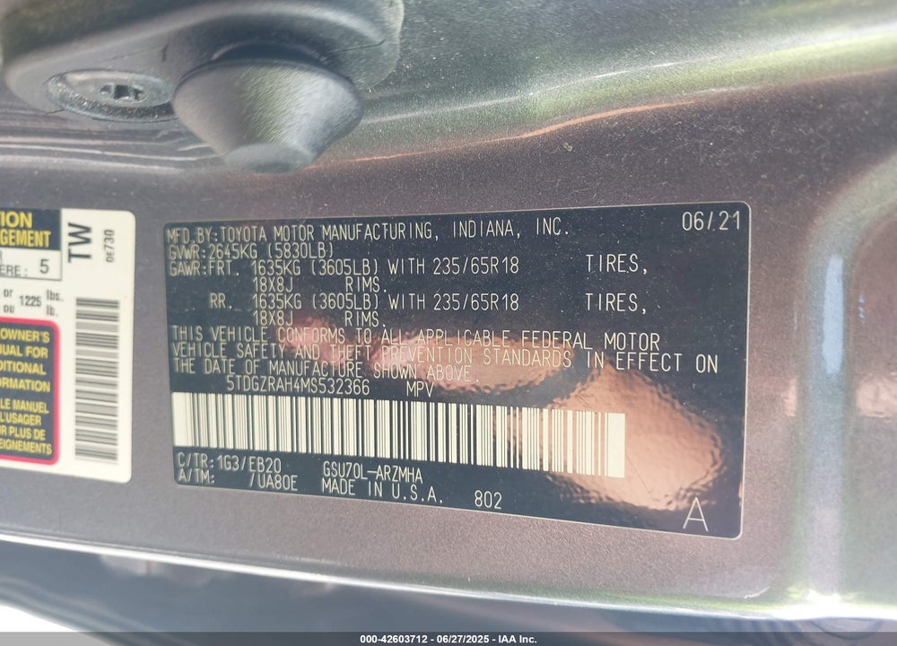 2021 TOYOTA HIGHLANDER VIN: 5TDGZRAH4MS532366