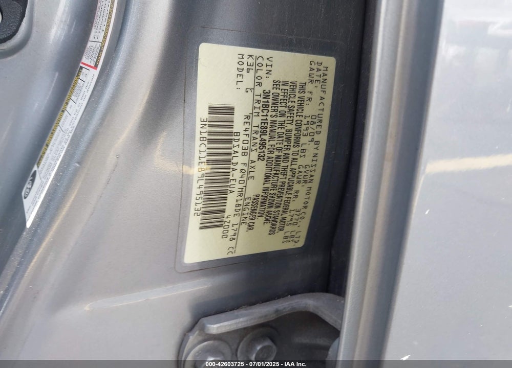 2009 NISSAN VERSA VIN: 3N1BC11E89L495132
