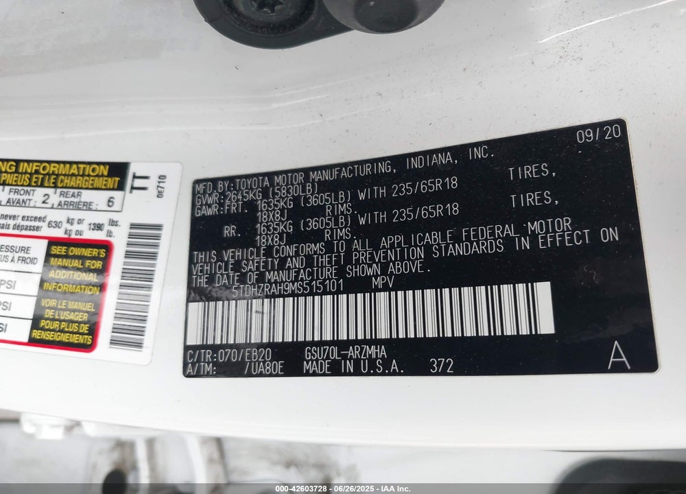 2021 TOYOTA HIGHLANDER XLE VIN: 5TDHZRAH9MS515101