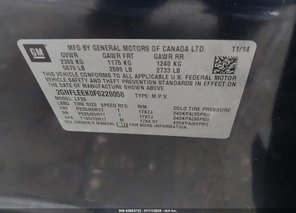 2015 CHEVROLET EQUINOX VIN: 2GNFLEEK0F6220058