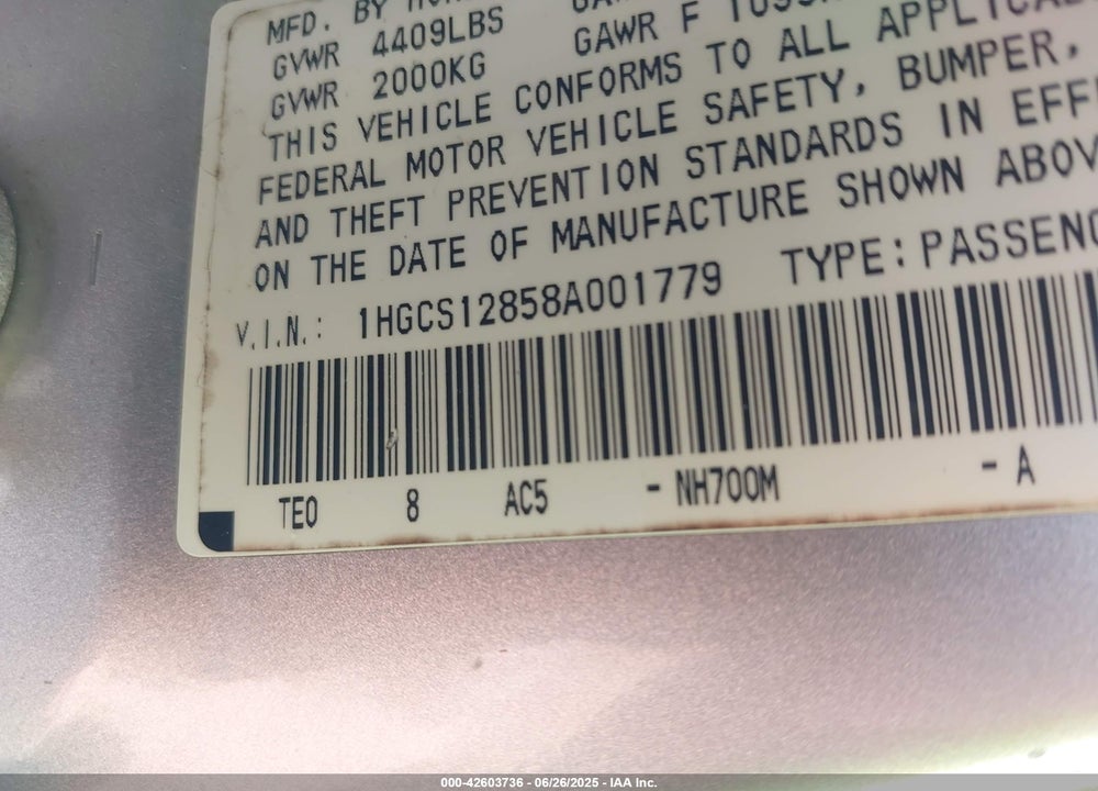 2008 HONDA ACCORD 2.4 EX-L VIN: 1HGCS12858A001779