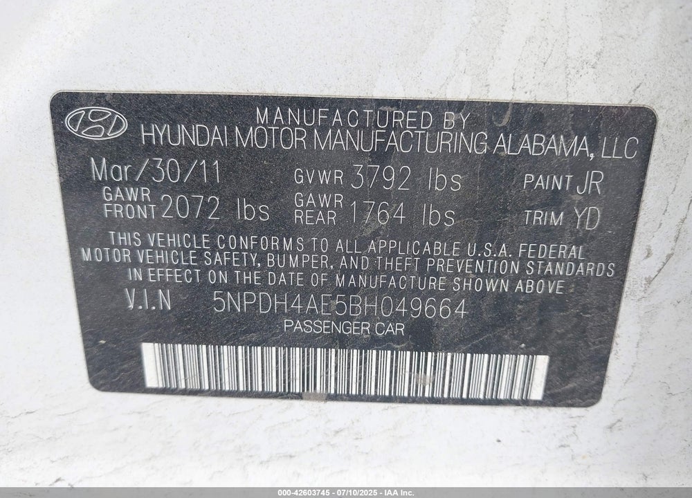 2011 HYUNDAI ELANTRA VIN: 5NPDH4AE5BH049664