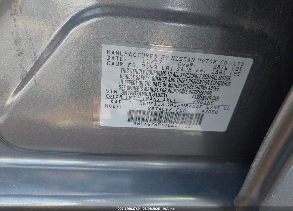 2018 NISSAN SENTRA VIN: 3N1AB7APXJL615231