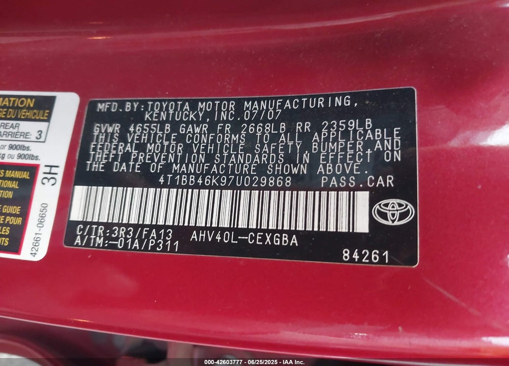 2007 TOYOTA CAMRY HYBRID VIN: 4T1BB46K97U029868