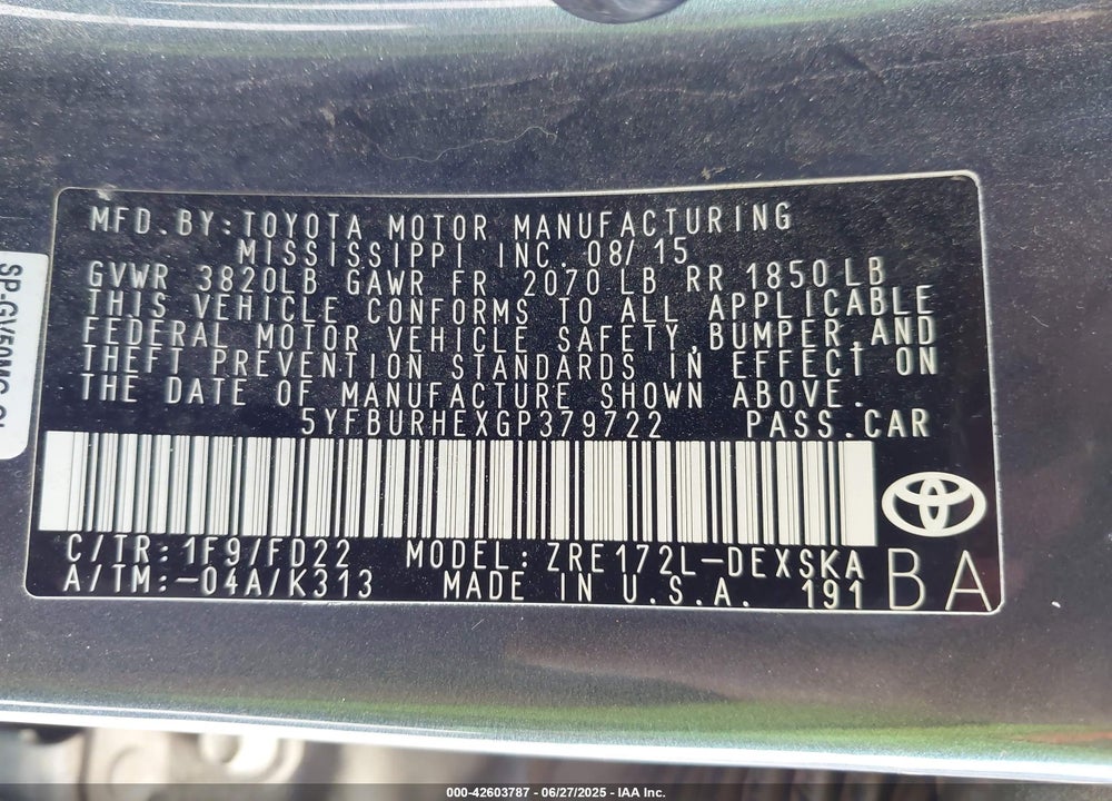 2016 TOYOTA COROLLA VIN: 5YFBURHEXGP379722