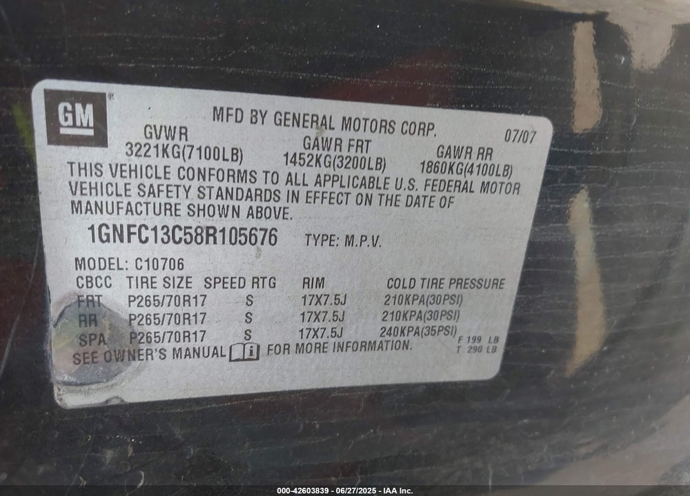2008 CHEVROLET TAHOE VIN: 1GNFC13C58R105676