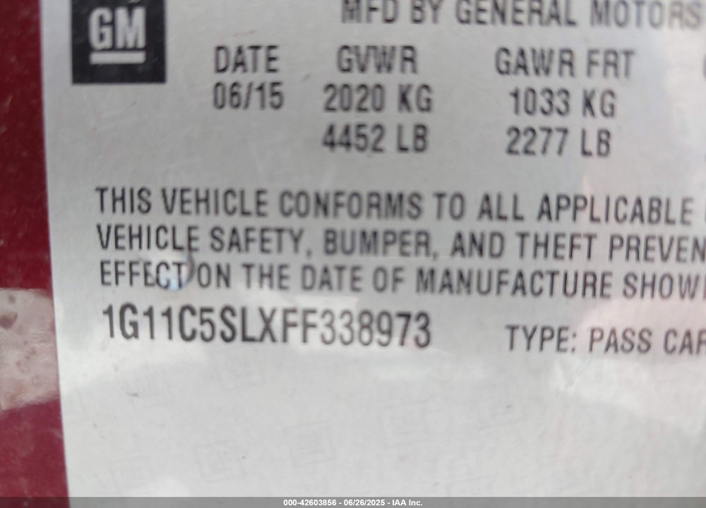 2015 CHEVROLET MALIBU VIN: 1G11C5SLXFF338973