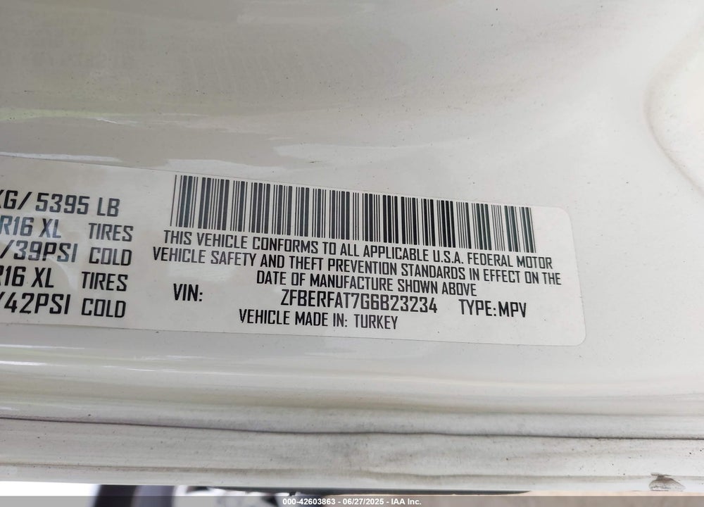 2016 RAM PROMASTER CITY TRADESMAN VIN: ZFBERFAT7G6B23234