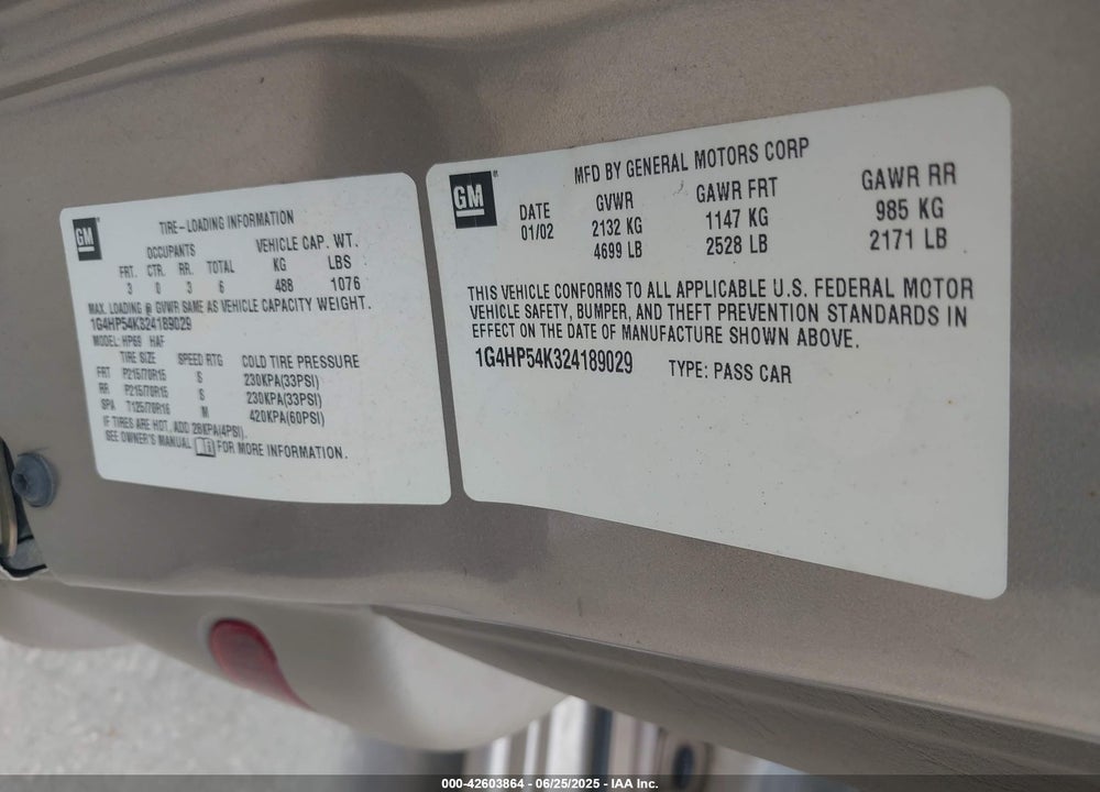 2002 BUICK LESABRE CUSTOM VIN: 1G4HP54K324189029