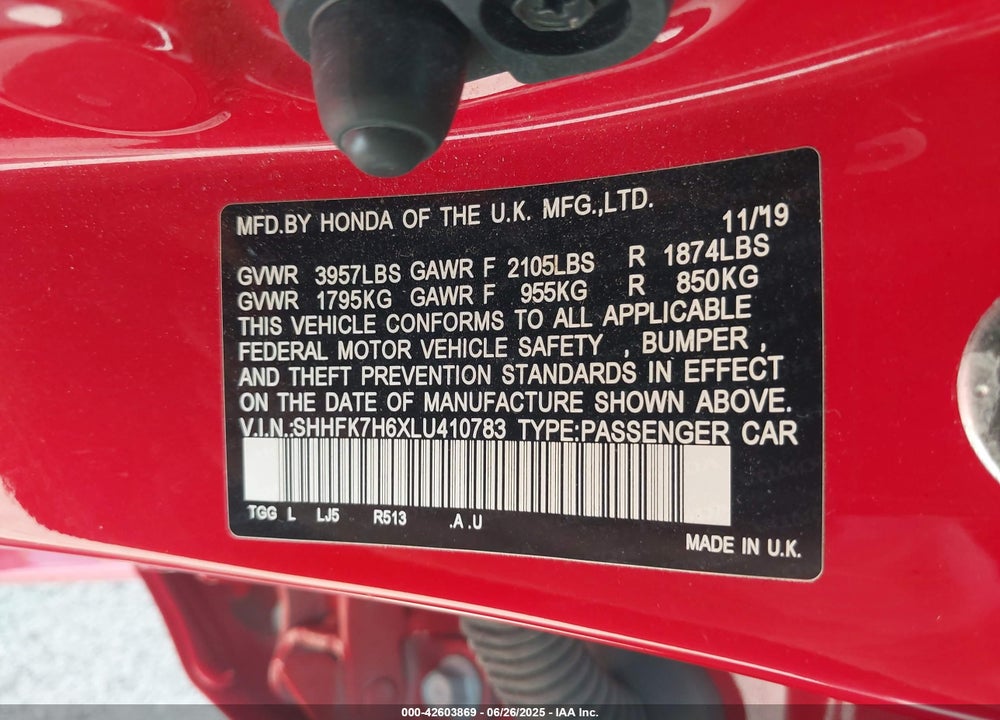2020 HONDA CIVIC VIN: SHHFK7H6XLU410783