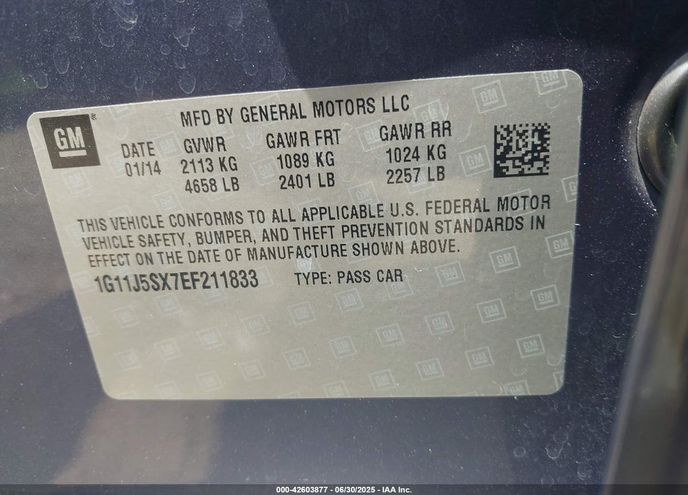 2014 CHEVROLET MALIBU 2LZ VIN: 1G11J5SX7EF211833