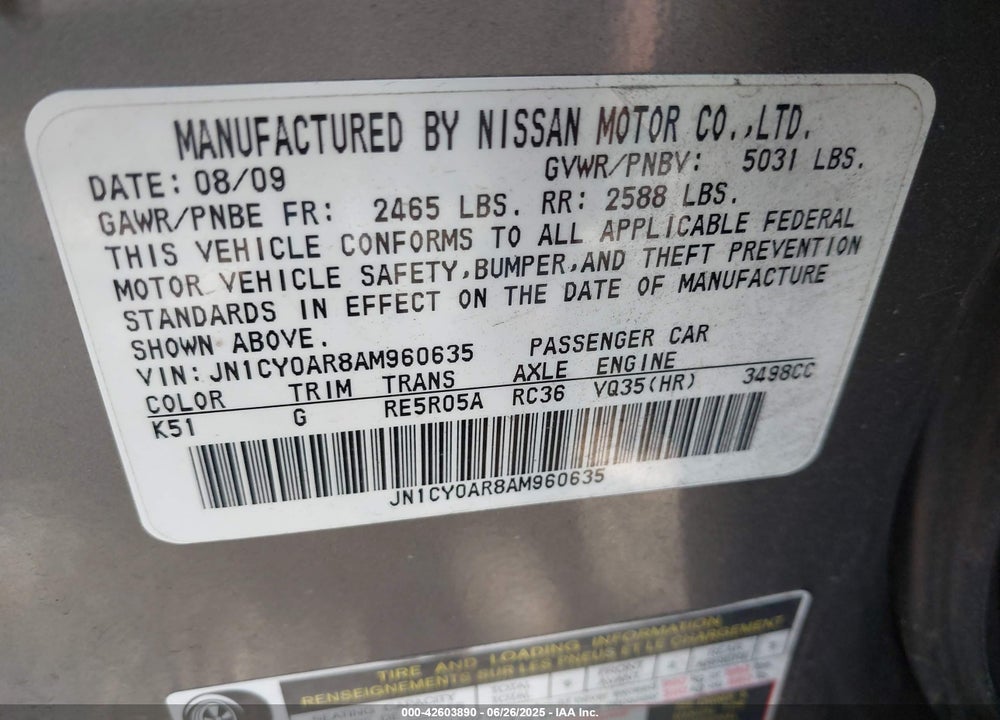 2010 INFINITI M35 VIN: JN1CY0AR8AM960635