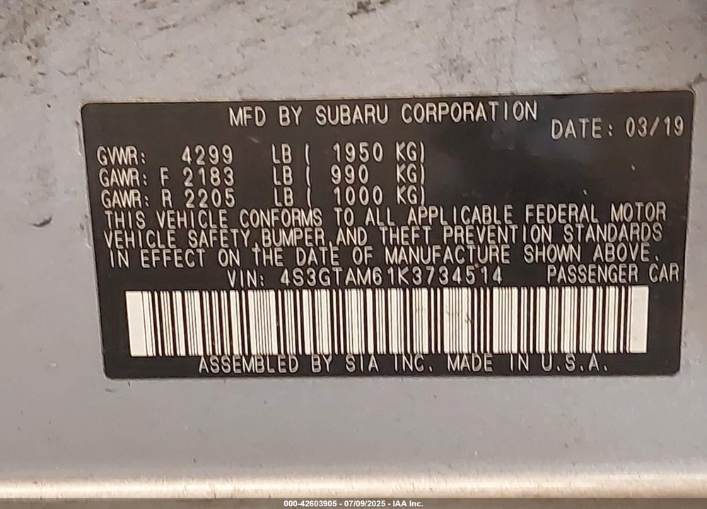 2019 SUBARU IMPREZA VIN: 4S3GTAM61K3734514