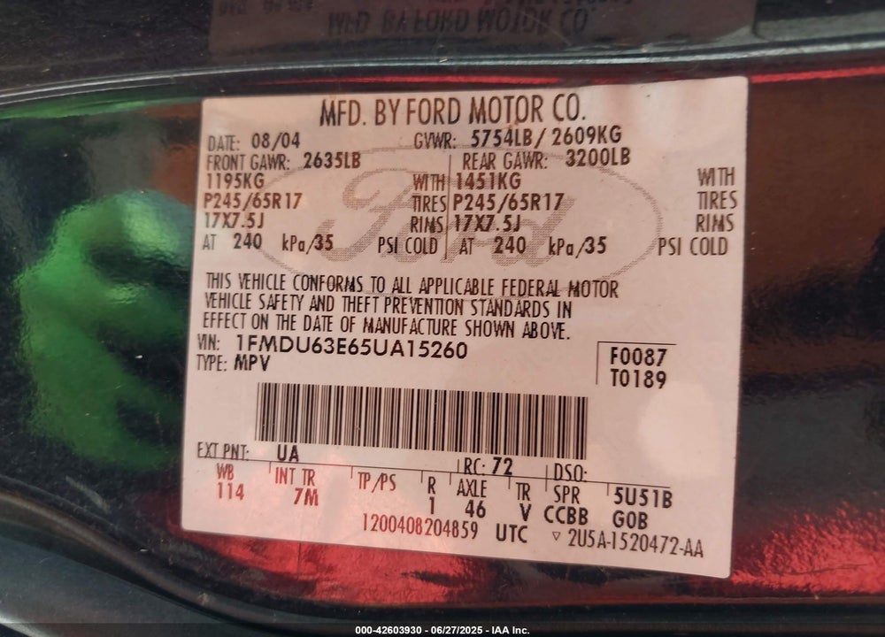2005 FORD EXPLORER XLT/XLT SPORT VIN: 1FMDU63E65UA15260