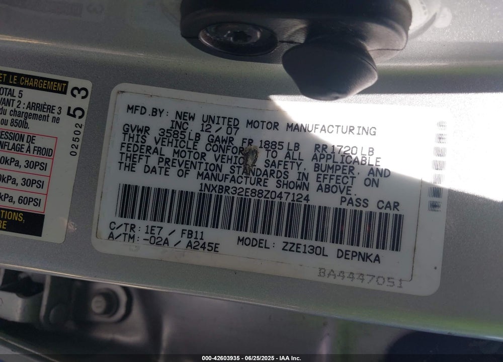 2008 TOYOTA COROLLA VIN: 1NXBR32E88Z047124