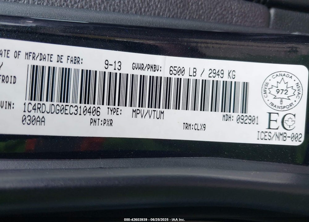 2014 DODGE DURANGO VIN: 1C4RDJDG0EC310406