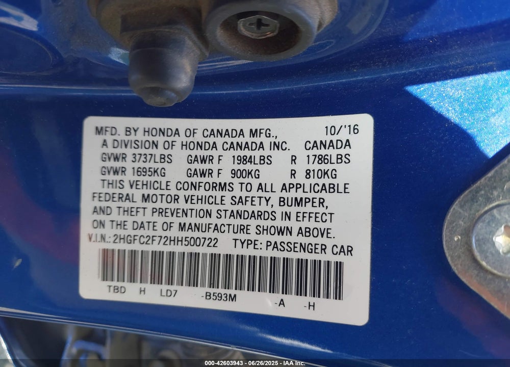 2017 HONDA CIVIC VIN: 2HGFC2F72HH500722