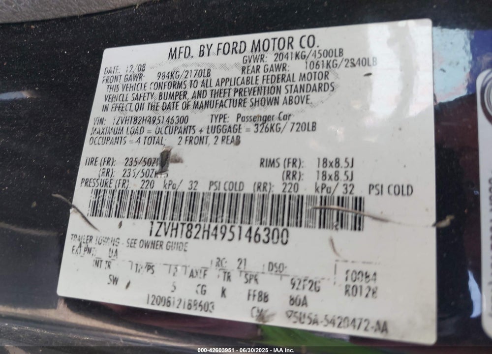 2009 FORD MUSTANG VIN: 1ZVHT82H495146300