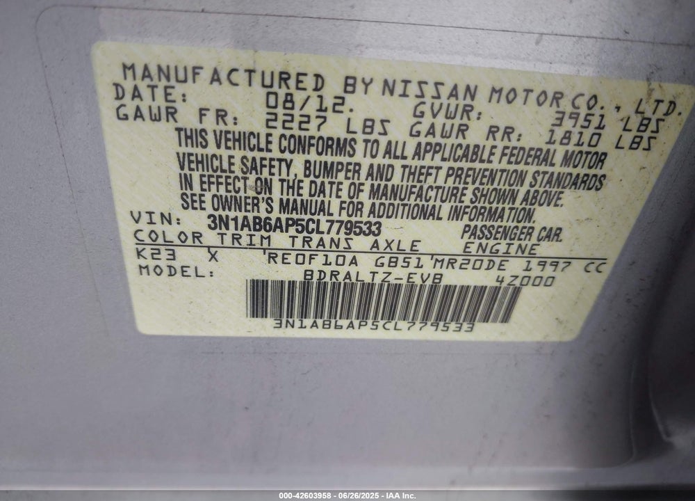 2012 NISSAN SENTRA VIN: 3N1AB6AP5CL779533