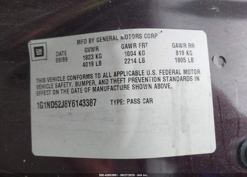 2000 CHEVROLET MALIBU VIN: 1G1ND52J8Y6143387