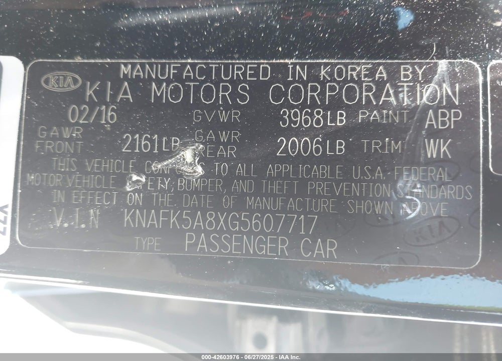 2016 KIA FORTE LX VIN: KNAFK5A8XG5607717