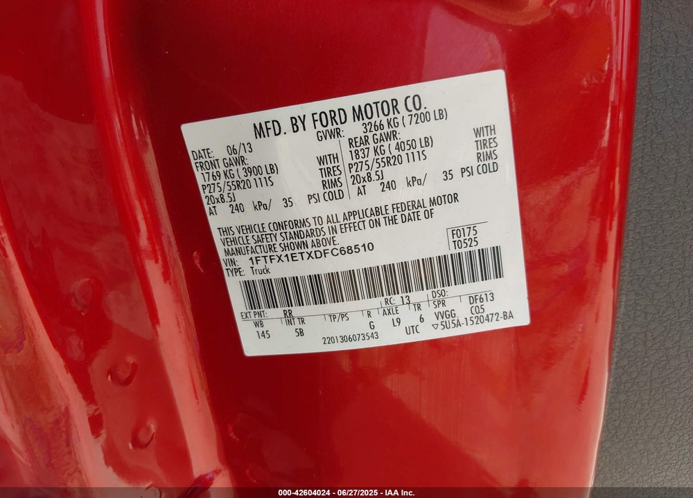 2013 FORD F-150 VIN: 1FTFX1ETXDFC68510