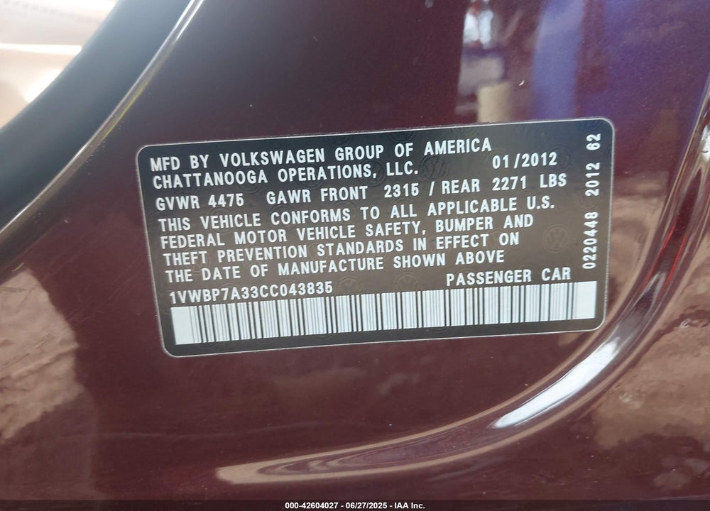 2012 VOLKSWAGEN PASSAT 2.5L SE VIN: 1VWBP7A33CC043835