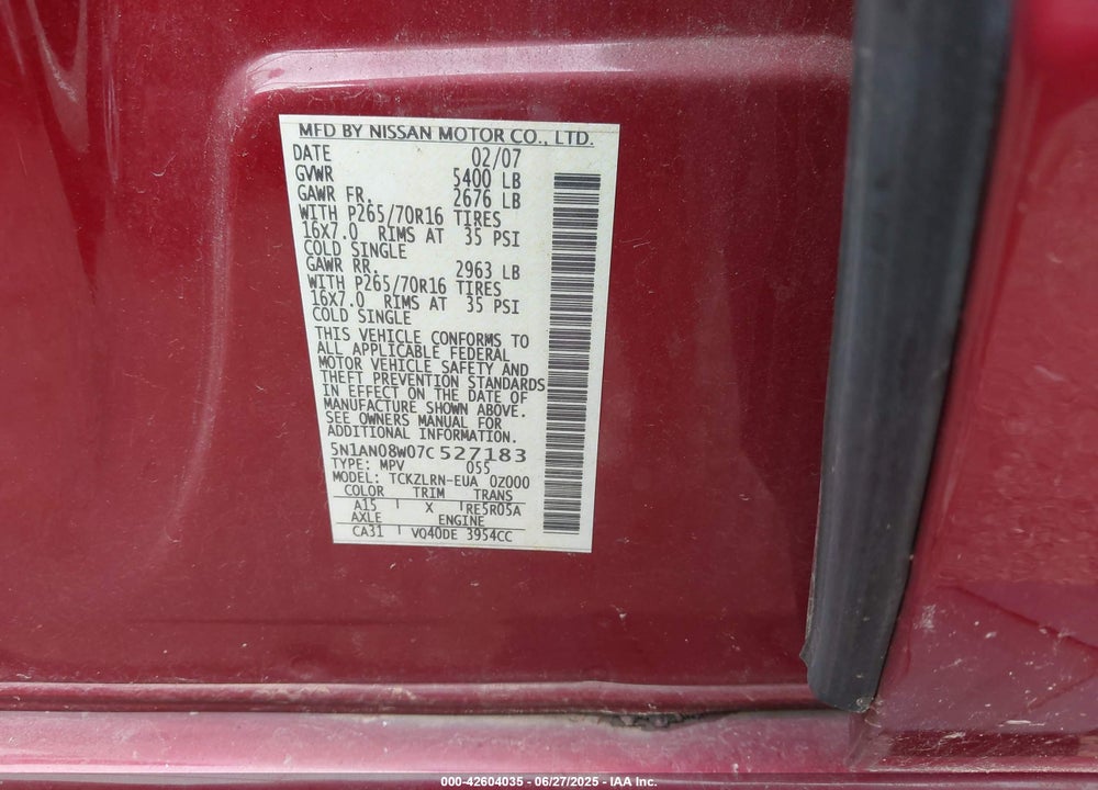 2007 NISSAN XTERRA S VIN: 5N1AN08W07C527183