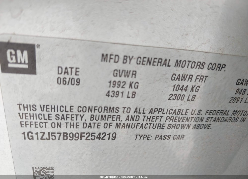 2009 CHEVROLET MALIBU VIN: 1G1ZJ57B99F254219