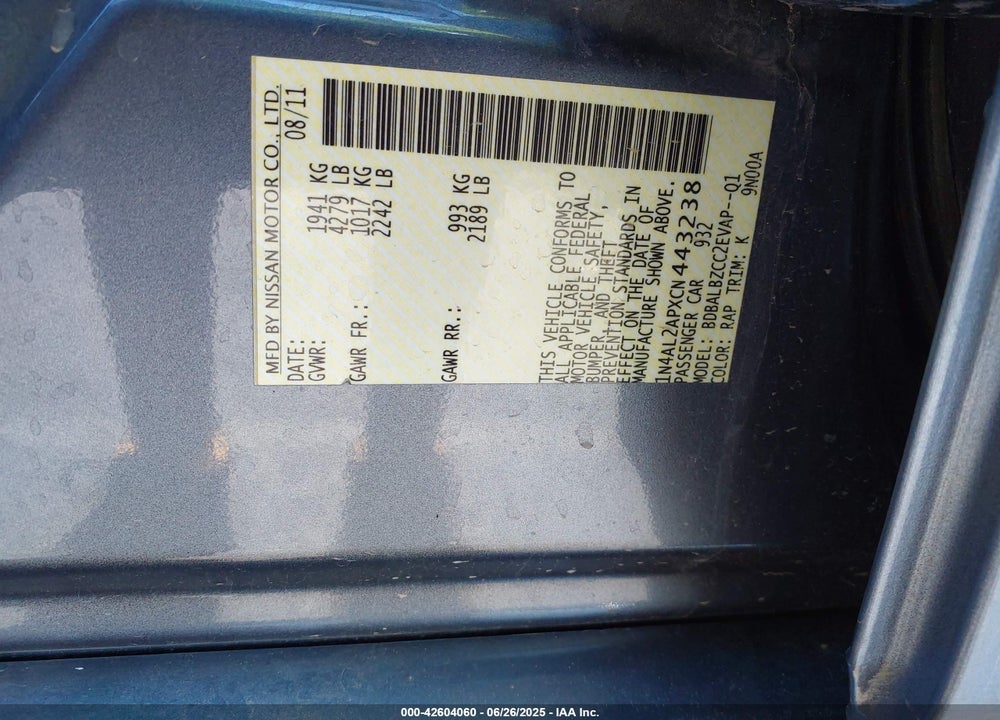 2012 NISSAN ALTIMA VIN: 1N4AL2APXCN443238