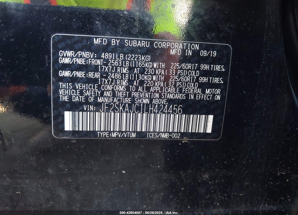 2020 SUBARU FORESTER VIN: JF2SKAJC1LH424456