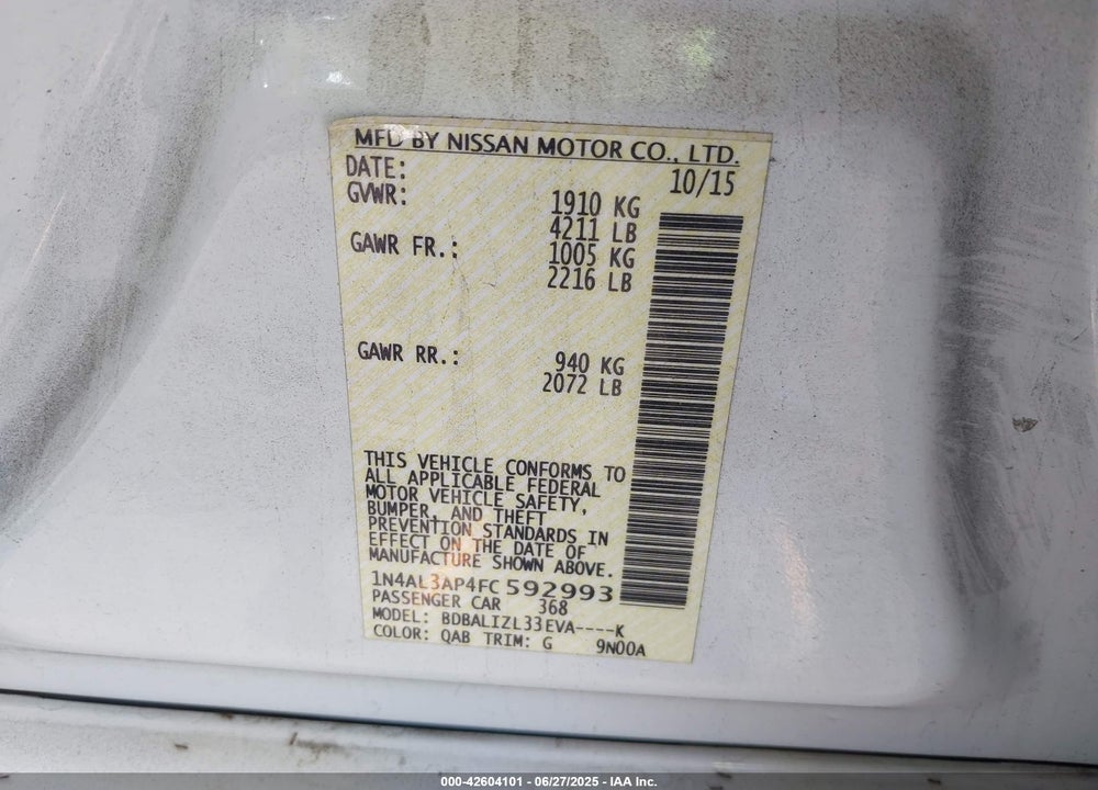 2015 NISSAN ALTIMA VIN: 1N4AL3AP4FC592993