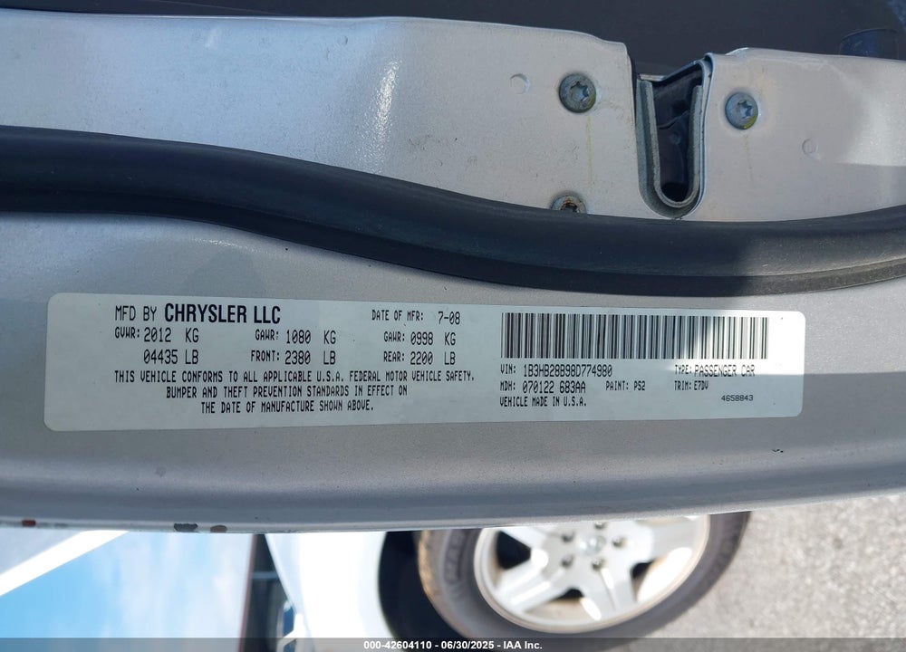2008 DODGE CALIBER VIN: 1B3HB28B98D774980