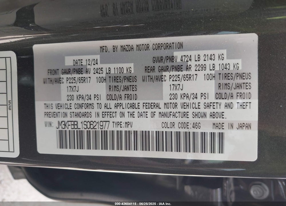 2025 MAZDA CX-5 SELEC VIN: JM3KFBBL1S0621977