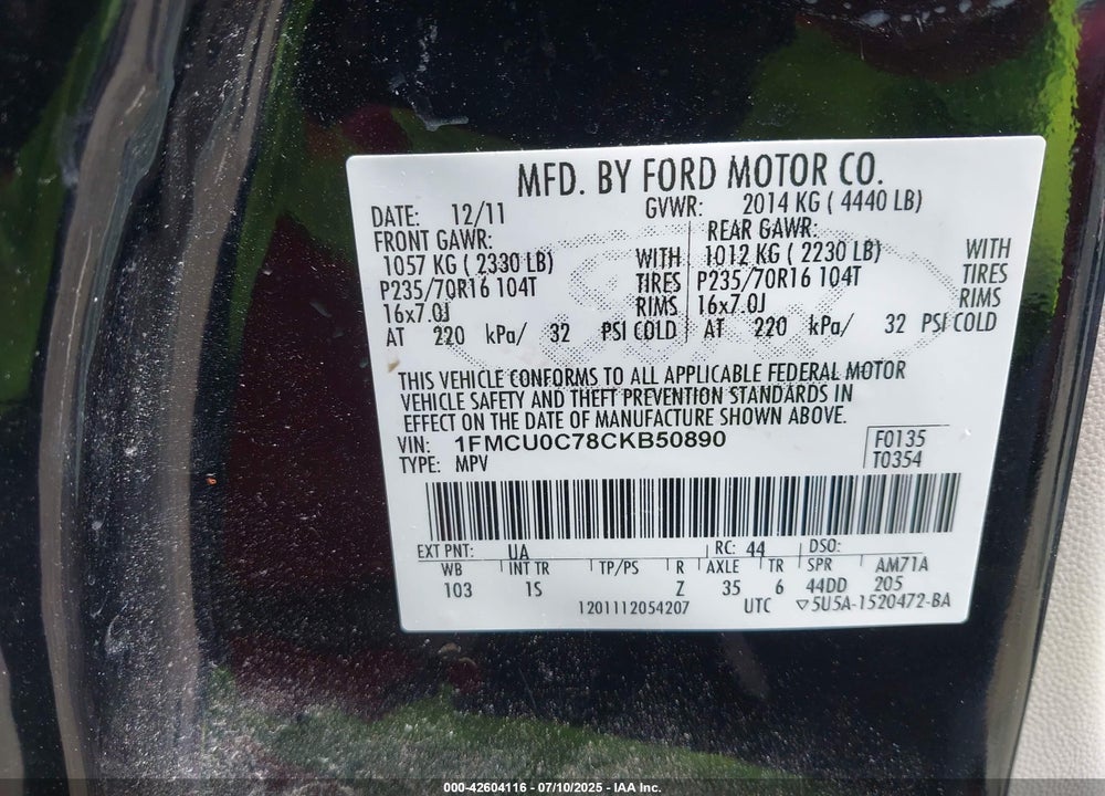 2012 FORD ESCAPE XLS VIN: 1FMCU0C78CKB50890