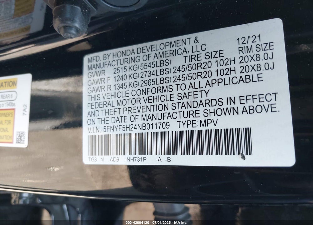 2022 HONDA PILOT VIN: 5FNYF5H24NB011709