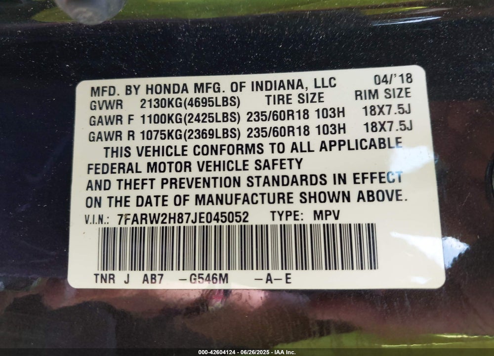 2018 HONDA CR-V VIN: 7FARW2H87JE045052