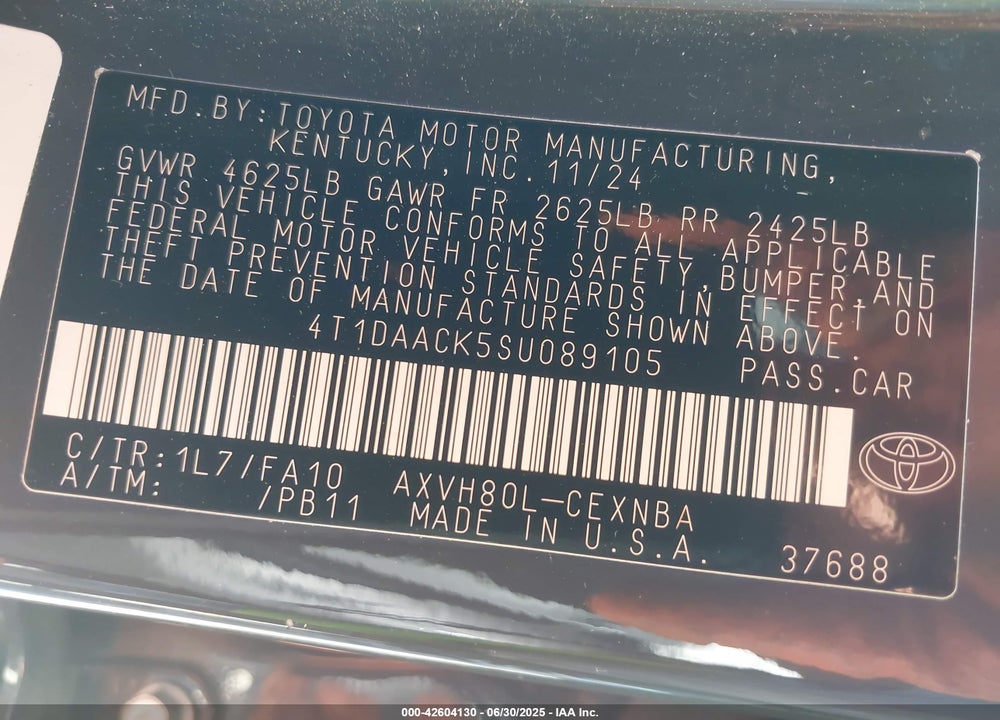 2025 TOYOTA CAMRY VIN: 4T1DAACK5SU089105