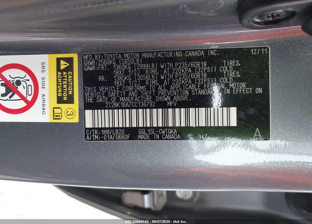 2012 LEXUS RX350 VIN: 2T2BK1BA7CC136792