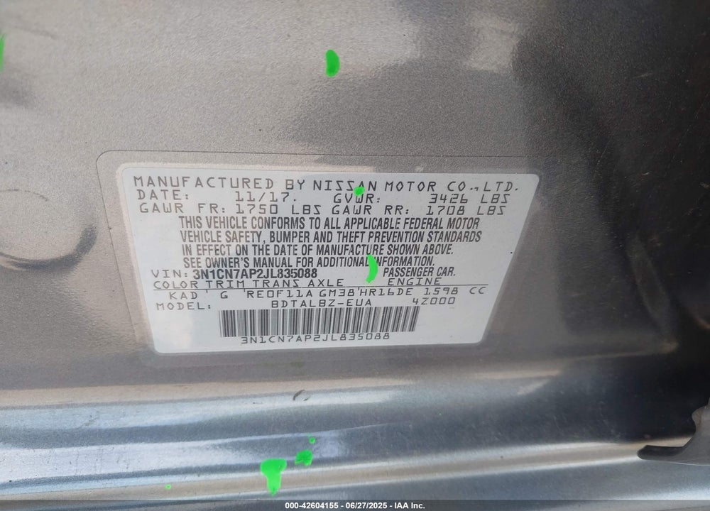 2018 NISSAN VERSA VIN: 3N1CN7AP2JL835088