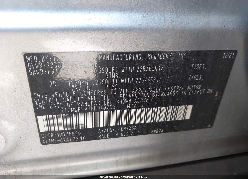 2021 TOYOTA RAV4 HYBRID VIN: 4T3MWRFV1MU049703