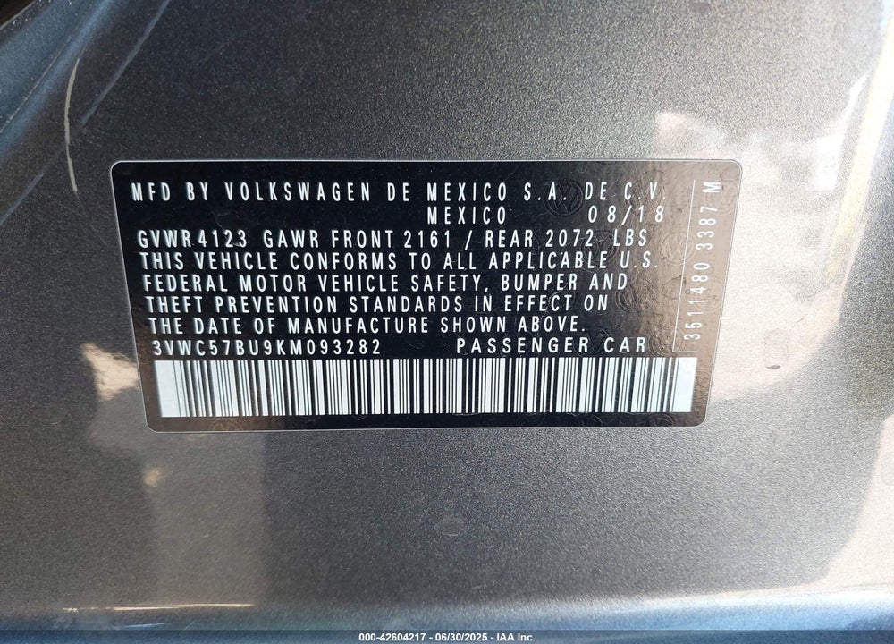 2019 VOLKSWAGEN JETTA VIN: 3VWC57BU9KM093282
