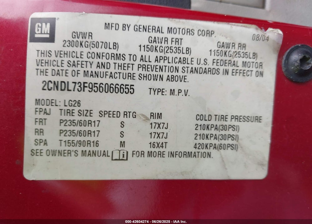 2005 CHEVROLET EQUINOX VIN: 2CNDL73F956066655