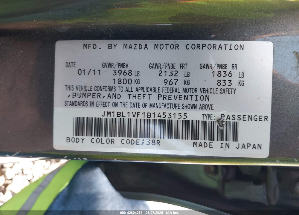 2011 MAZDA 3 VIN: JM1BL1VF1B1453155