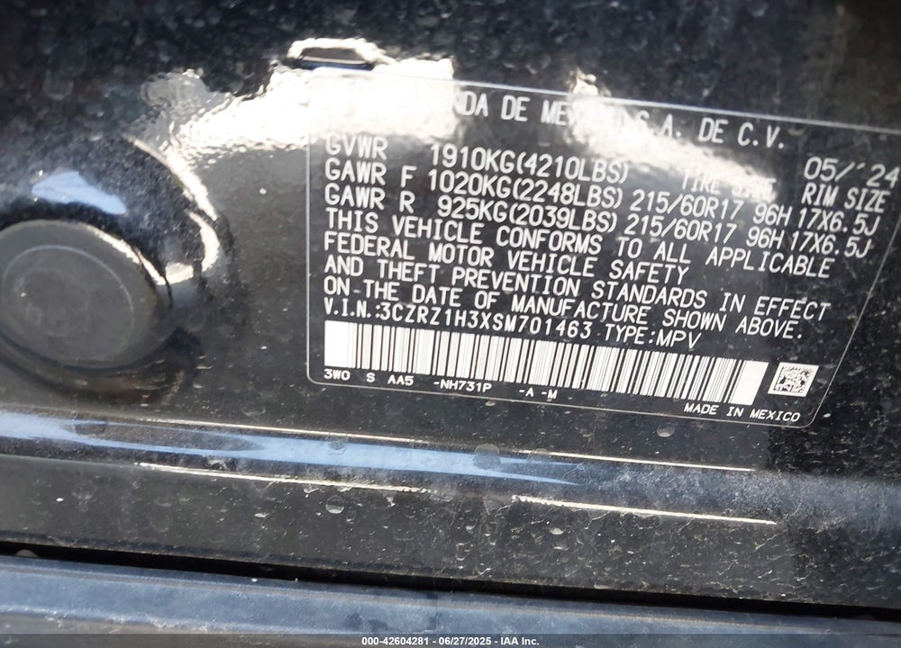 2025 HONDA HR-V VIN: 3CZRZ1H3XSM701463
