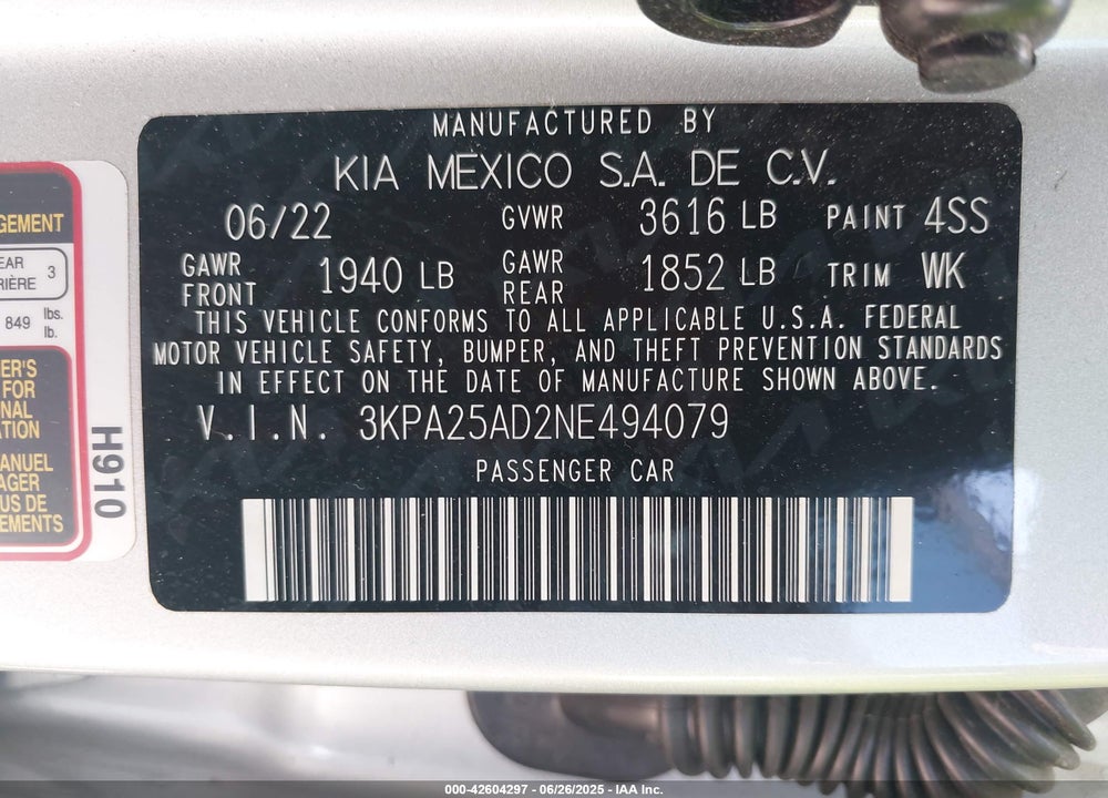 2022 KIA RIO 5-DOOR VIN: 3KPA25AD2NE494079
