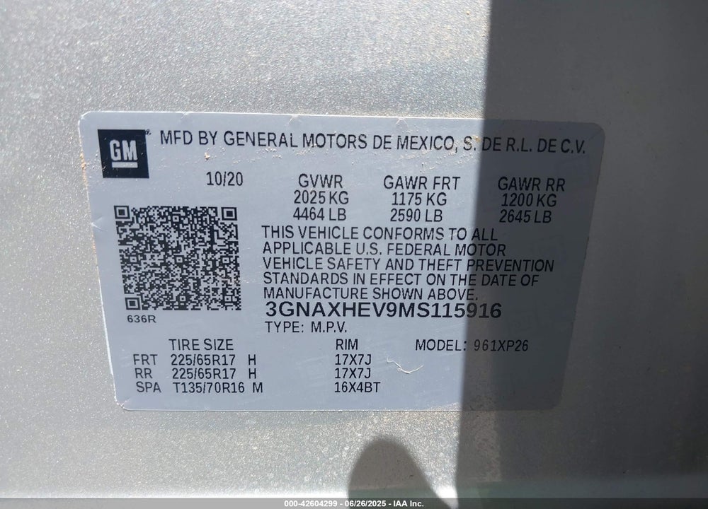 2021 CHEVROLET EQUINOX VIN: 3GNAXHEV9MS115916